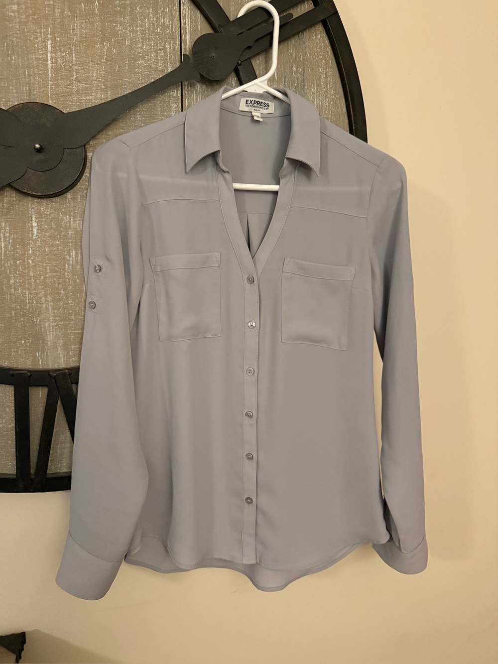 Express Light Gray Button-Front Pocket Blouse XS